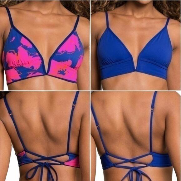 Maaji Jade Black Parade Long Line Triangle Reversible Bikini Top Blue Pink NWT S - Picture 1 of 8